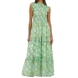 Oliphant Smocked Sleevelss Maxi Floral Dress Womens Small Green